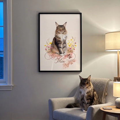 Personalisiertes Poster mit Katze und Name im schwarzen Rahmen