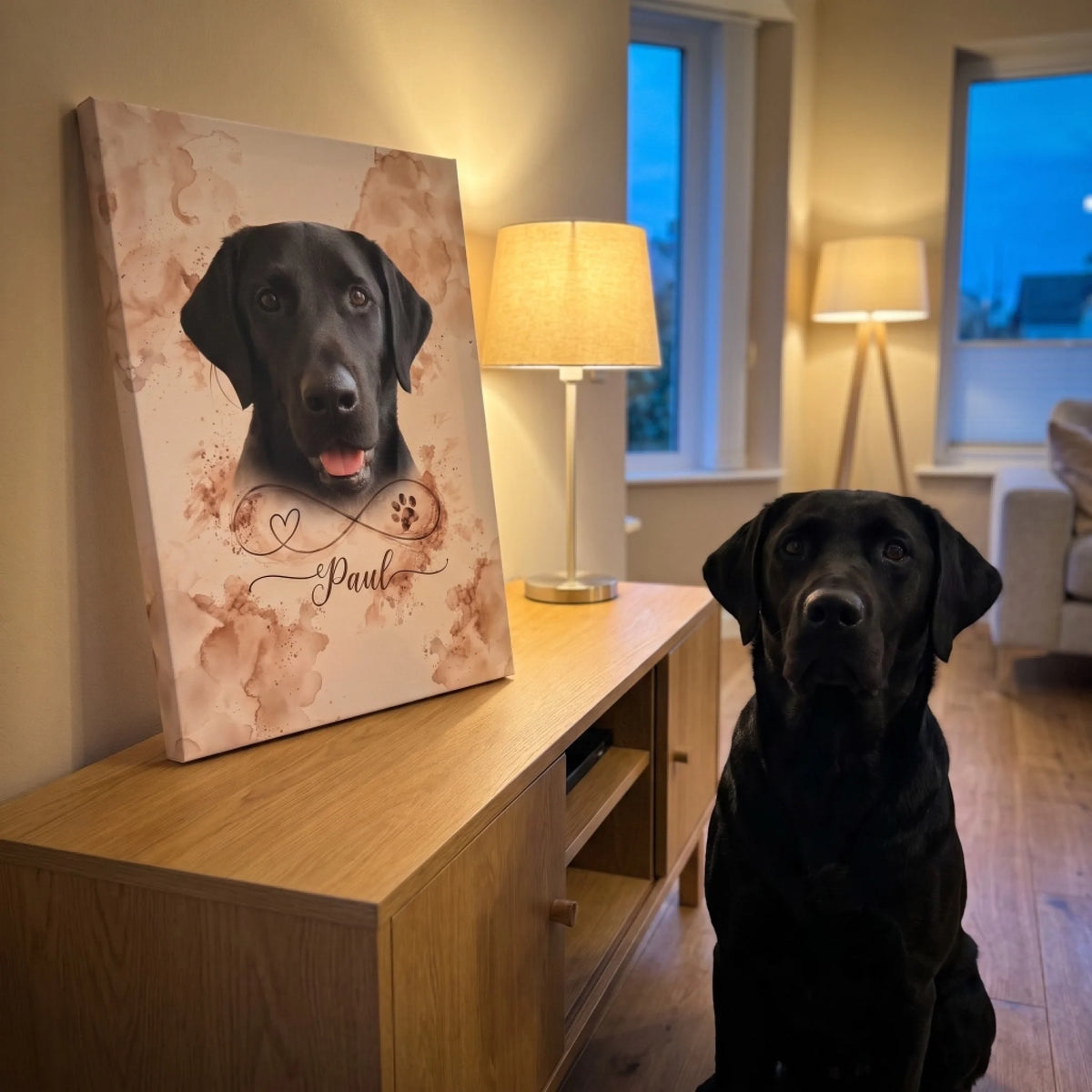 Leinwand Unendliche Liebe mit Labrador-Foto und Name, der Labrador sitzt daneben