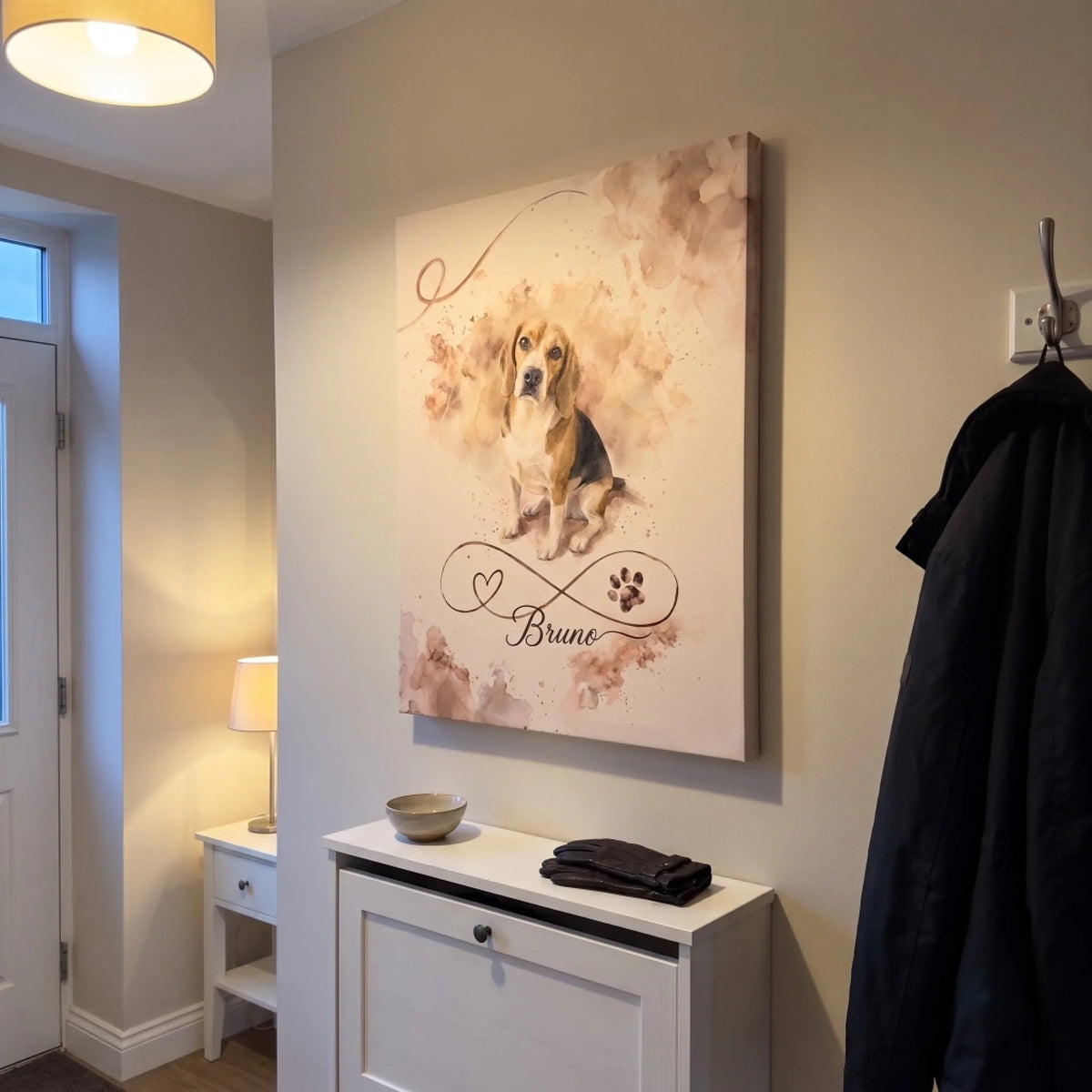 Leinwand Unendliche Liebe im Aquarell mit Beagle und Name im Flur
