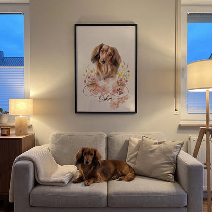 Personalisiertes Poster Unendliche Liebe mit Dackel und Name über dem Sofa, der Dackel liegt darunter