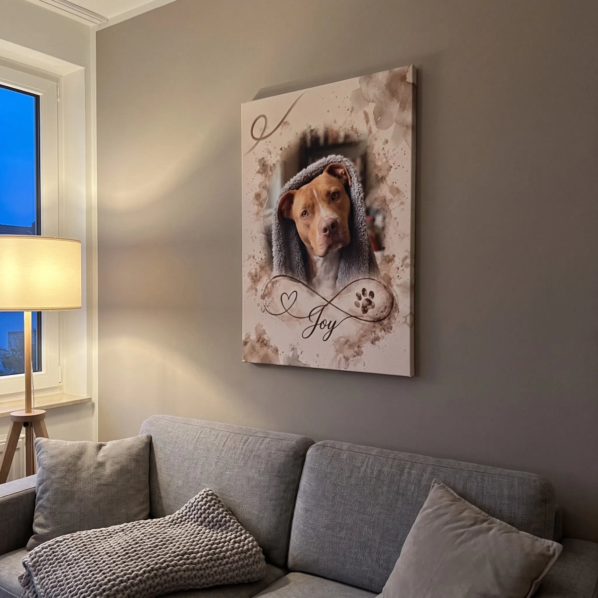Leinwand Unendliche Liebe mit Pitbull-Foto und Name im Wohnzimmer über dem Sofa