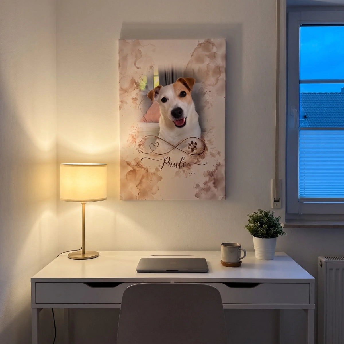 Leinwand Unendliche Liebe mit Foto eines Jack Russell und Name im Arbeitszimmer