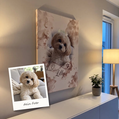 Personalisierte Leinwand Unendliche Liebe mit Hundefoto und Name, daneben das Originalfoto als Polaroid