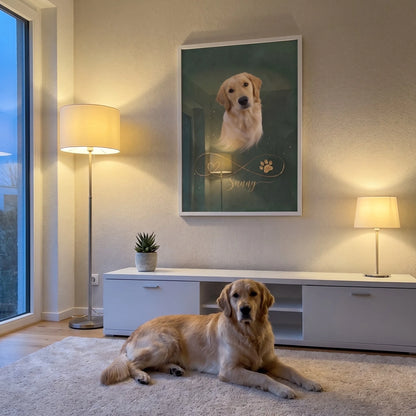 Gold-Poster mit Golden Retriever und Name im weißen Rahmen, der Golden Retriever liegt davor