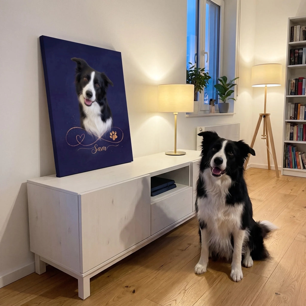 Leinwand Unendliche Liebe Gold mit Border Collie und Name, der Border Collie sitzt daneben
