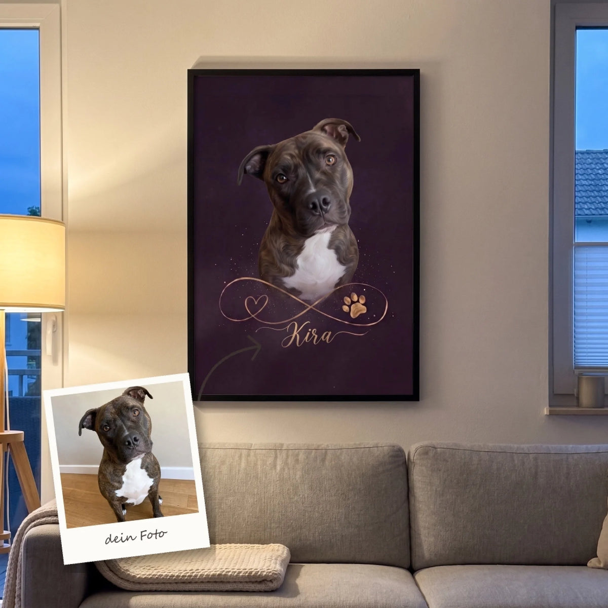 Personalisiertes Poster Unendliche Liebe Gold mit gestromtem Pitbull und Name, daneben das Originalfoto als Polaroid