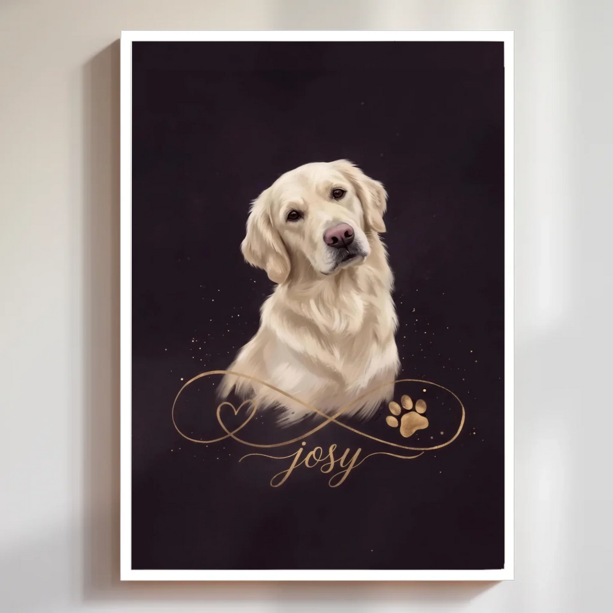 Live-Vorschau: Gold-Poster im Rahmen mit deinem Haustier und Namen