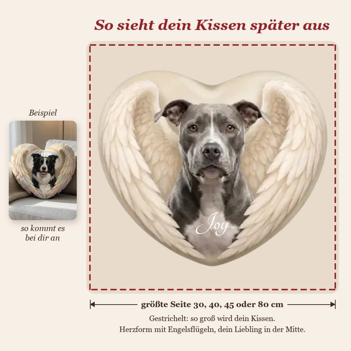 Live-Vorschau: so sieht dein Erinnerungskissen Seelenherz mit Foto und Name später aus, gestrichelter Rahmen zeigt die Kissengröße