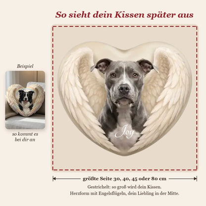Live-Vorschau: so sieht dein Erinnerungskissen Seelenherz mit Foto und Name später aus, gestrichelter Rahmen zeigt die Kissengröße