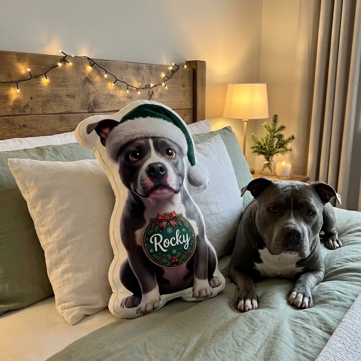 Personalisiertes Kissen in Hundeform mit grüner Weihnachtsmütze auf dem Bett, der echte Hund liegt daneben