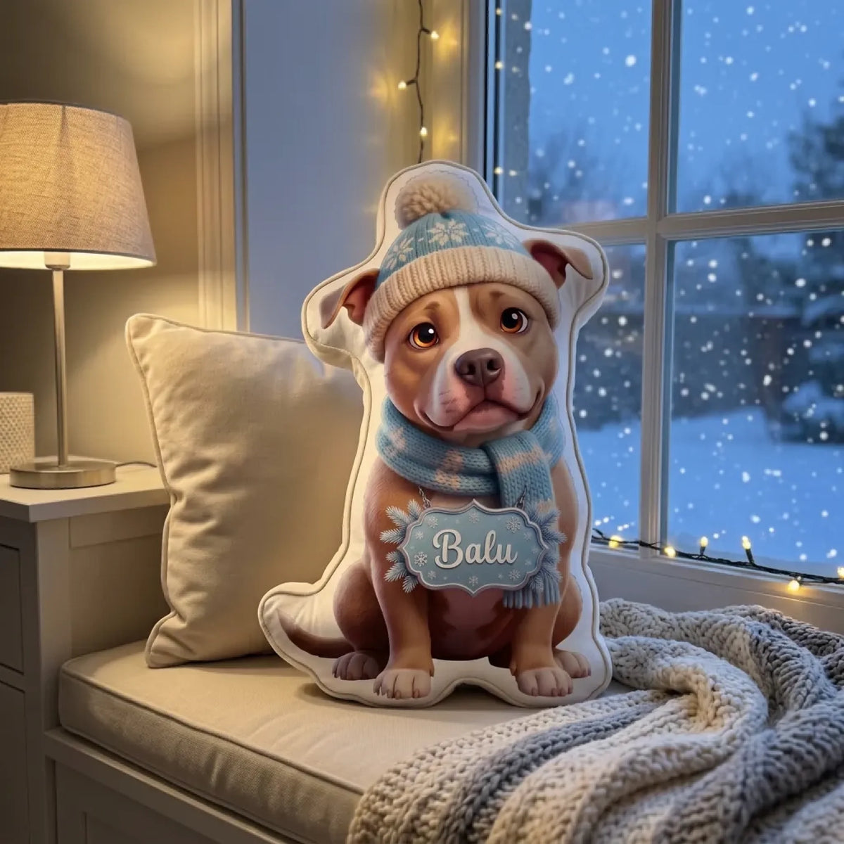 Kissen in Hundeform mit Strickmütze und Schal auf der Fensterbank, draußen fällt Schnee