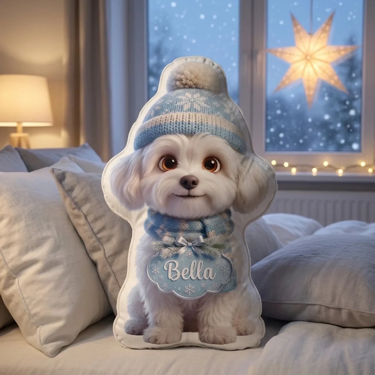Personalisiertes Formkissen mit weißem Hund in Wintermütze und Schal im Schlafzimmer