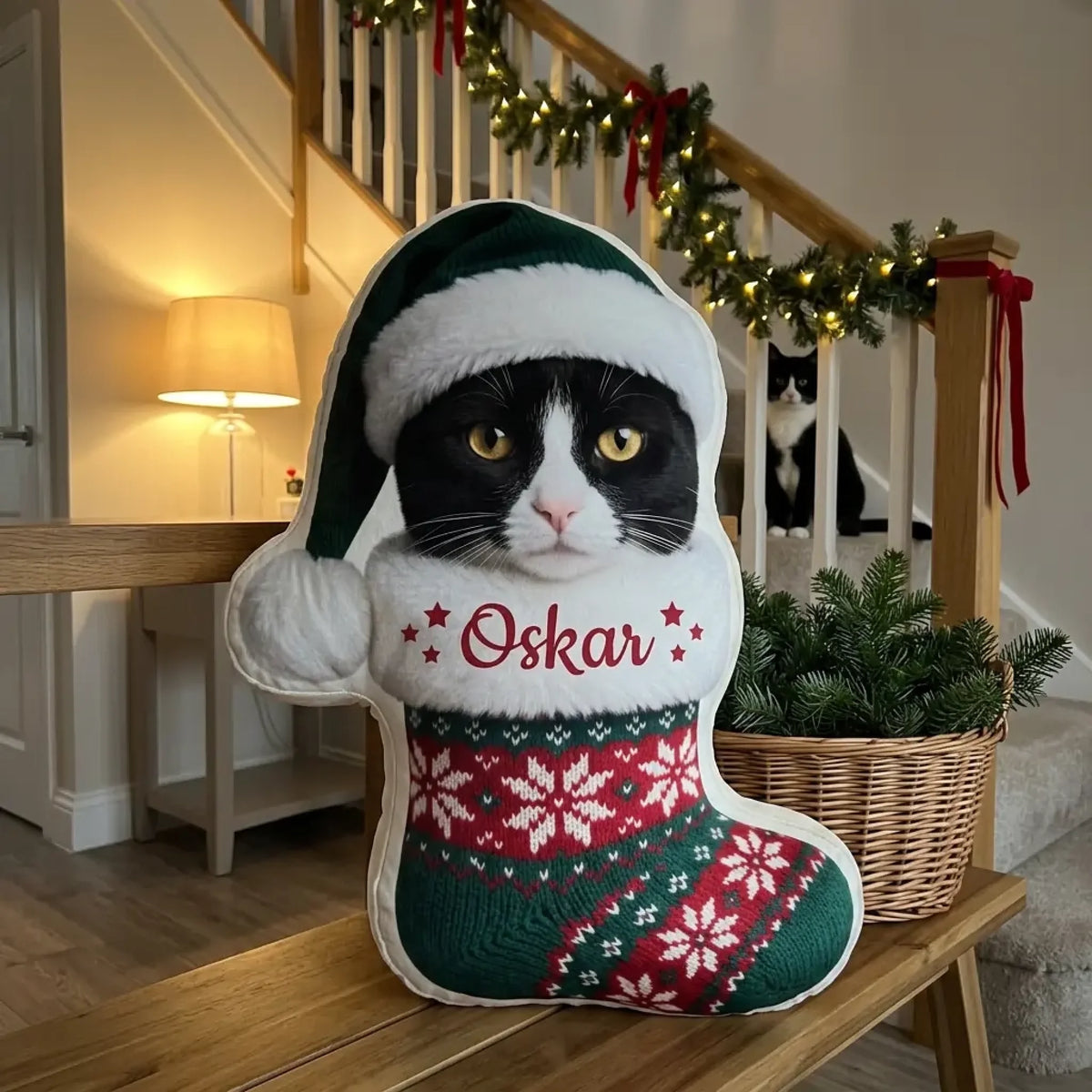 Formkissen Weihnachtsstiefel mit schwarz-weißer Katze auf der Flurbank an der Treppe