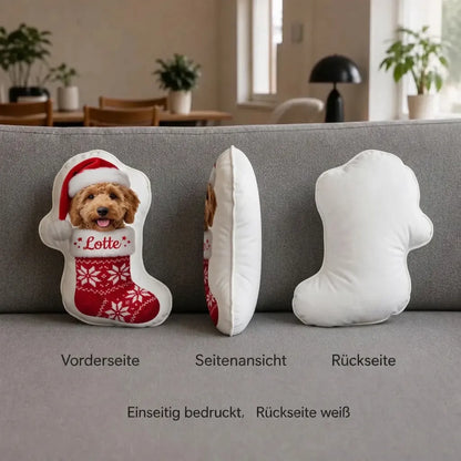 Formkissen Weihnachtsstiefel von vorne, von der Seite und von hinten, einseitig bedruckt, Rückseite weiß