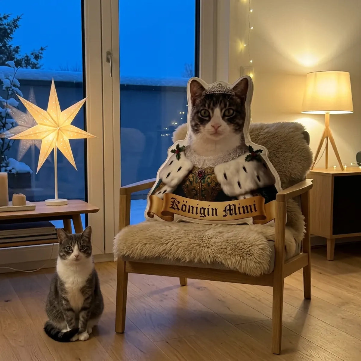 Personalisiertes Kissen Katze als Königin mit Diadem im Sessel, die Katze sitzt davor