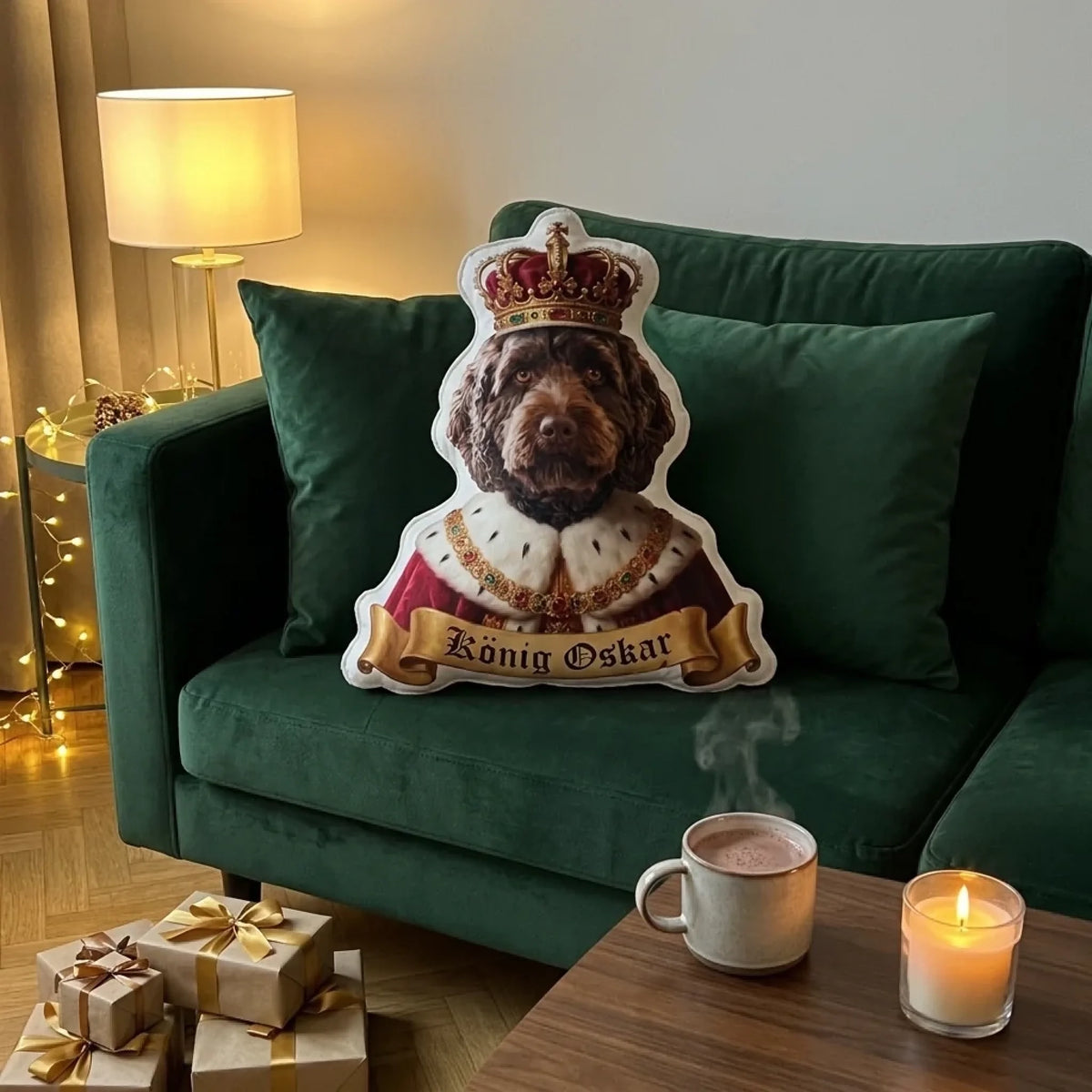 Formkissen König mit Hund im roten Königsmantel auf dem grünen Sofa neben Geschenken
