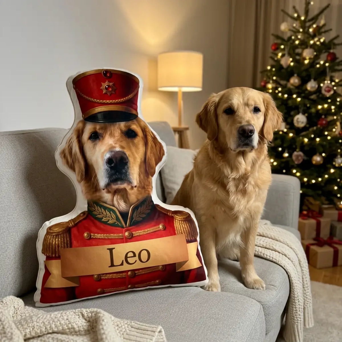 Formkissen Nussknacker mit Golden Retriever in roter Uniform auf dem Sofa, der Hund sitzt daneben