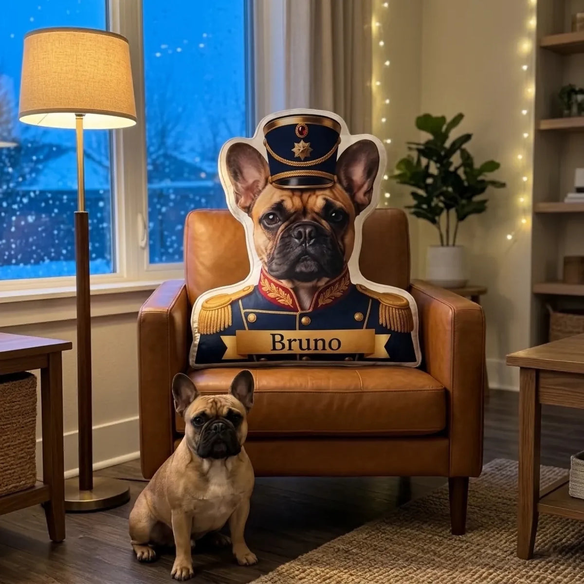 Kissen in Hundeform als Nussknacker in blauer Uniform mit Französischer Bulldogge im Ledersessel