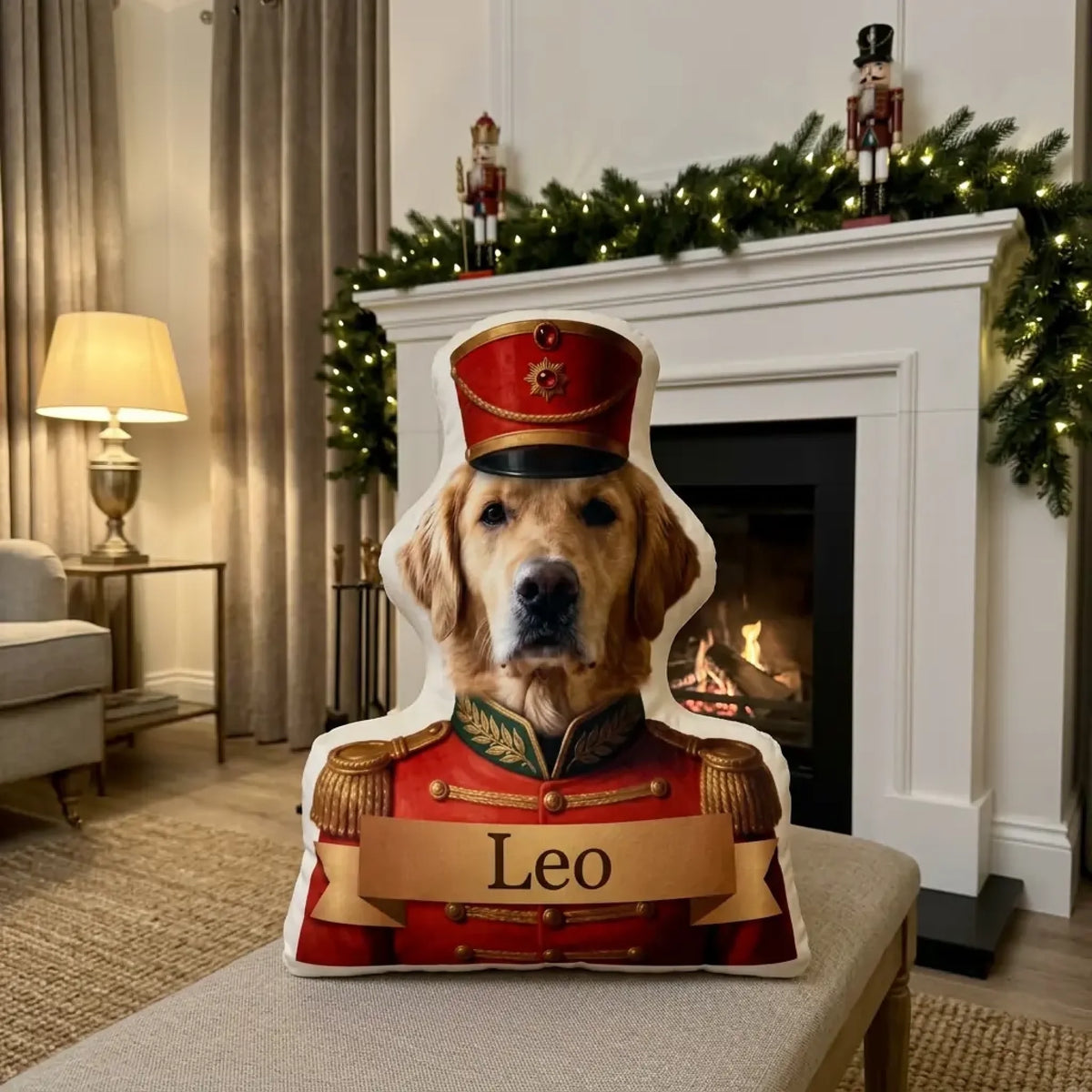 Nussknacker-Kissen mit Hundefoto in roter Uniform vor dem weihnachtlichen Kamin