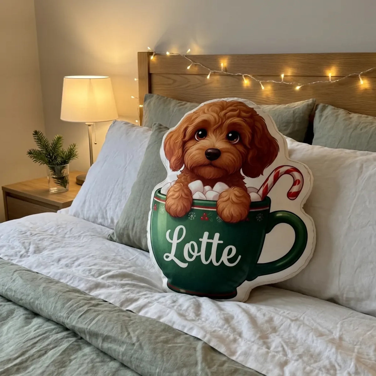Formkissen Kakao-Becher grün mit lockigem Hund auf dem Bett