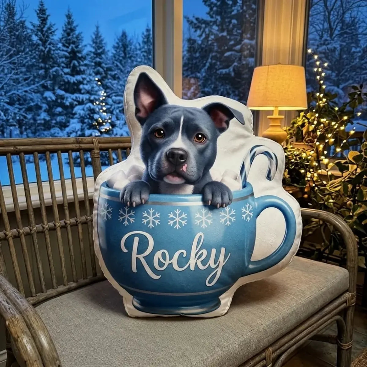Kissen in Becherform mit Hund im blauen Winterbecher im Wintergarten