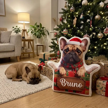 Formkissen Geschenk mit Französischer Bulldogge im Geschenkkarton unter dem Weihnachtsbaum