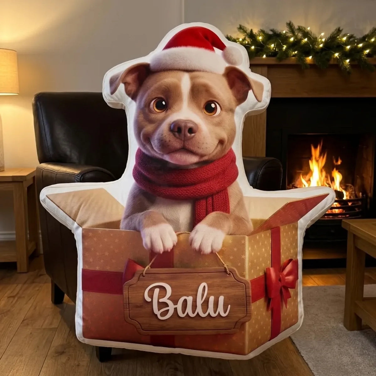 Formkissen Hund mit Schal im offenen Geschenkkarton im Ledersessel am Kamin