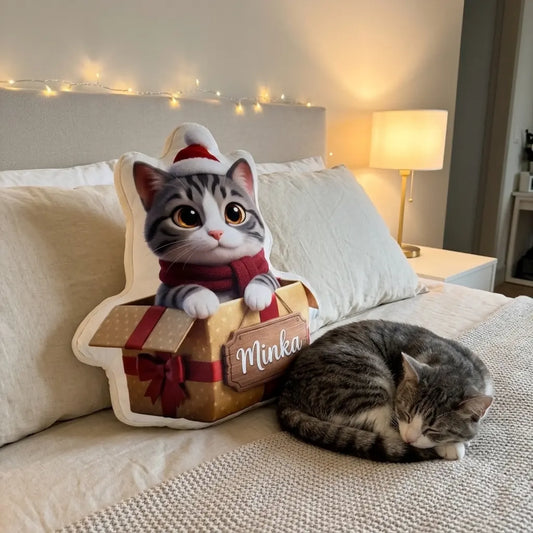 Formkissen Katze mit Weihnachtsmütze im goldenen Geschenk auf dem Bett, die Katze schläft daneben