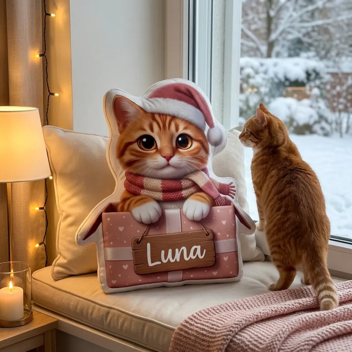 Formkissen Katze im rosa Geschenk mit Namensschild am Fenster, die Katze schaut hinaus