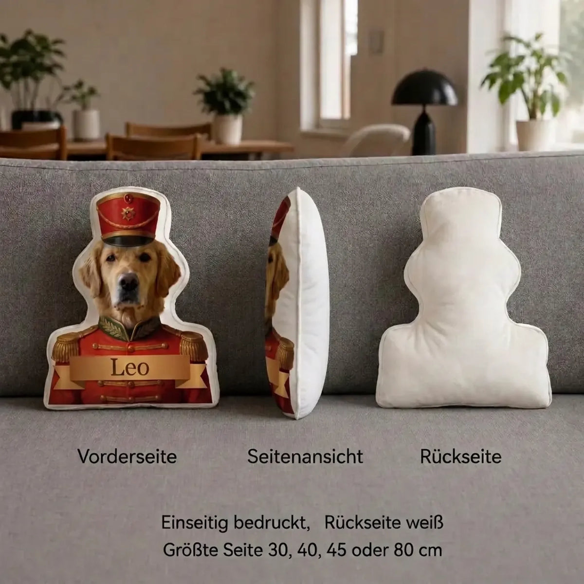 Formkissen Nussknacker von vorne, von der Seite und von hinten, einseitig bedruckt, Rückseite weiß, größte Seite 30 bis 80 cm