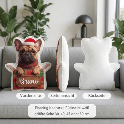 Formkissen Geschenk von vorne, von der Seite und von hinten, einseitig bedruckt, Rückseite weiß