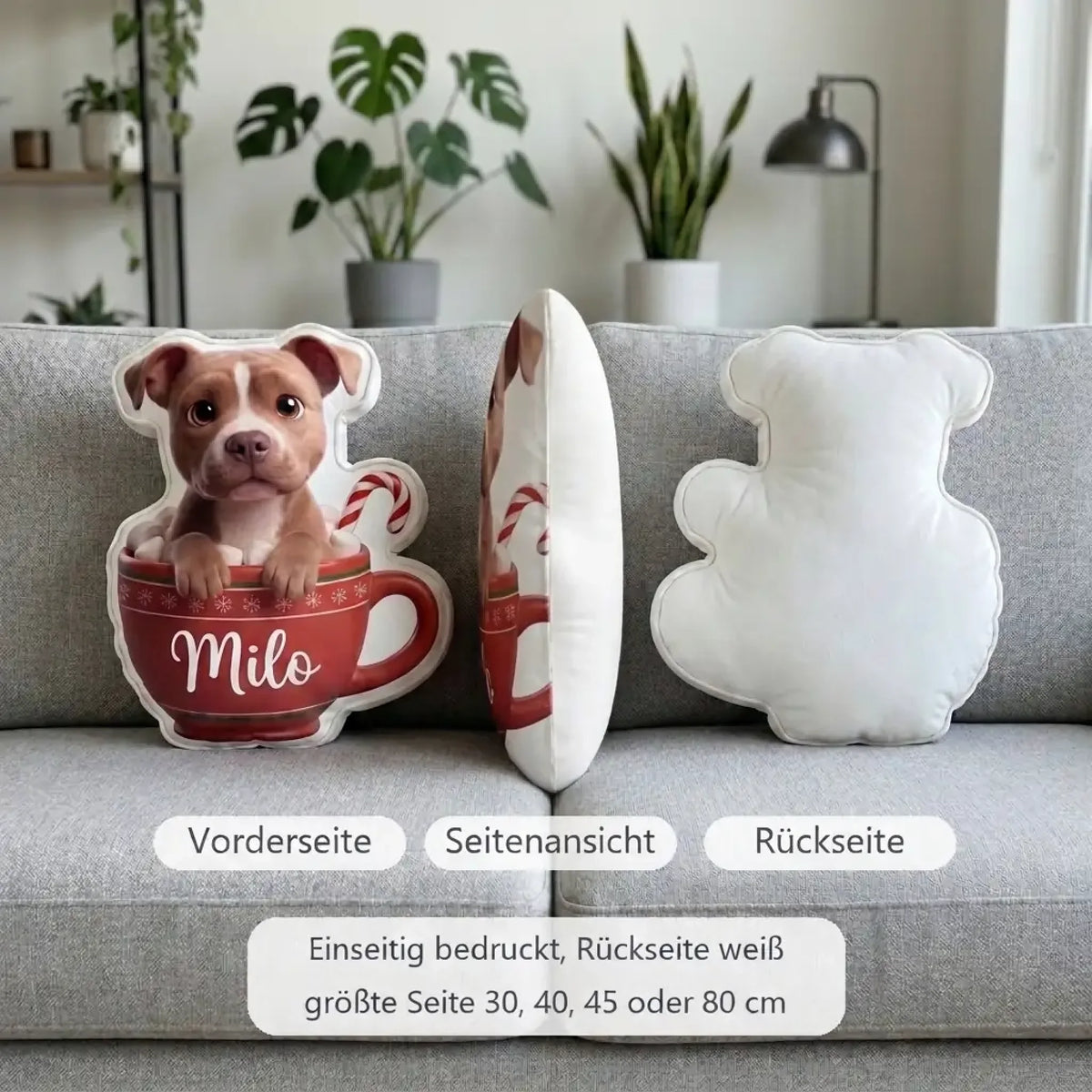 Formkissen Kakao-Becher von vorne, von der Seite und von hinten, einseitig bedruckt, Rückseite weiß