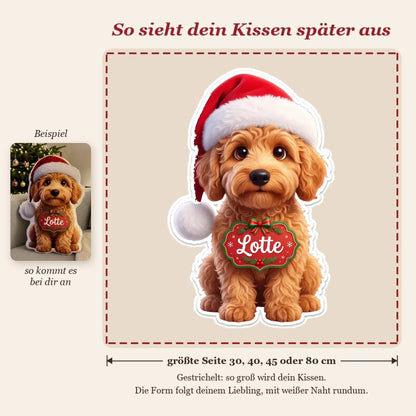 Live-Vorschau: so sieht dein Formkissen mit Weihnachtsmütze, Foto und Name später aus, gestrichelter Rahmen zeigt die Kissengröße