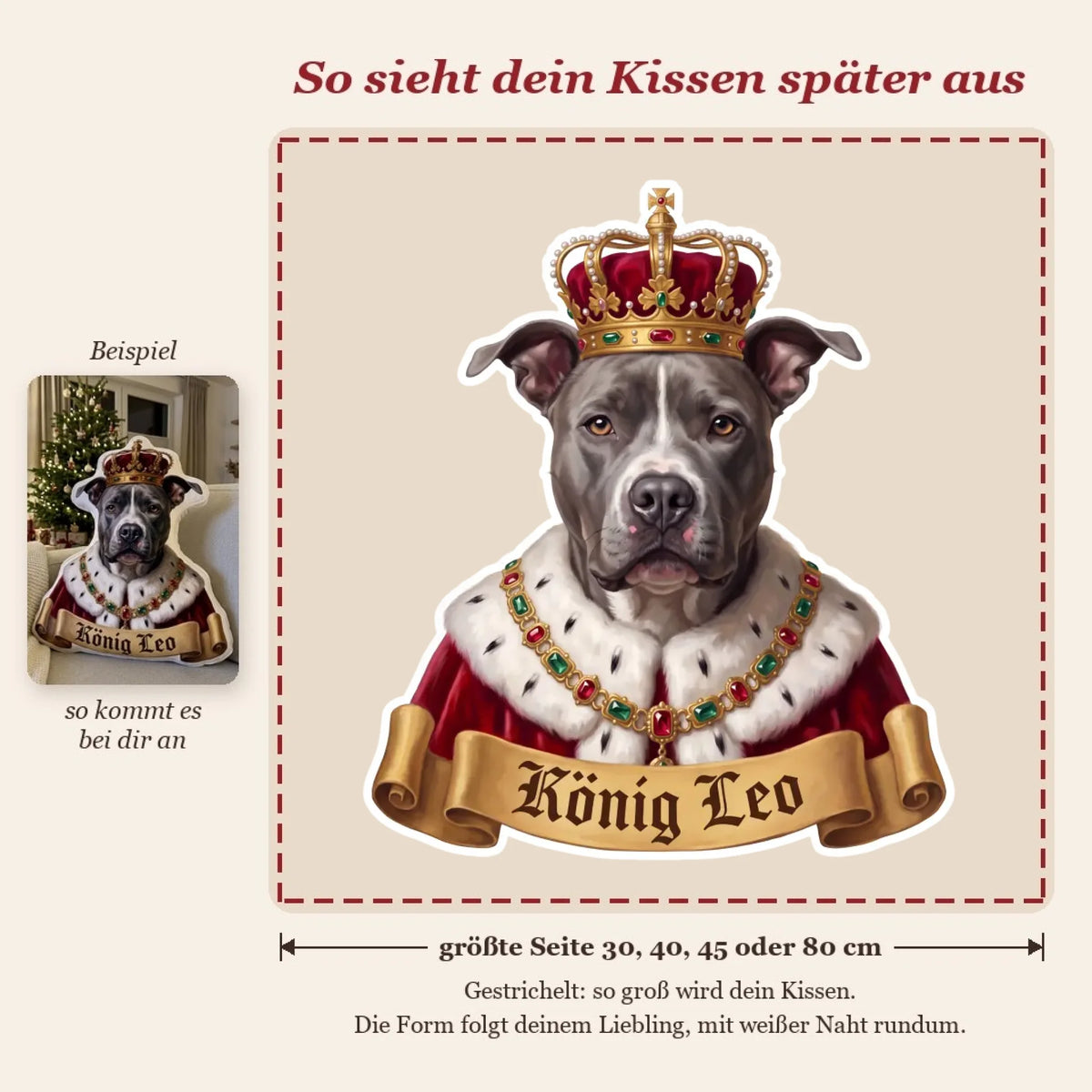 Live-Vorschau: so sieht dein Formkissen König oder Königin mit Foto und Name später aus, gestrichelter Rahmen zeigt die Kissengröße