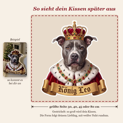 Live-Vorschau: so sieht dein Formkissen König oder Königin mit Foto und Name später aus, gestrichelter Rahmen zeigt die Kissengröße