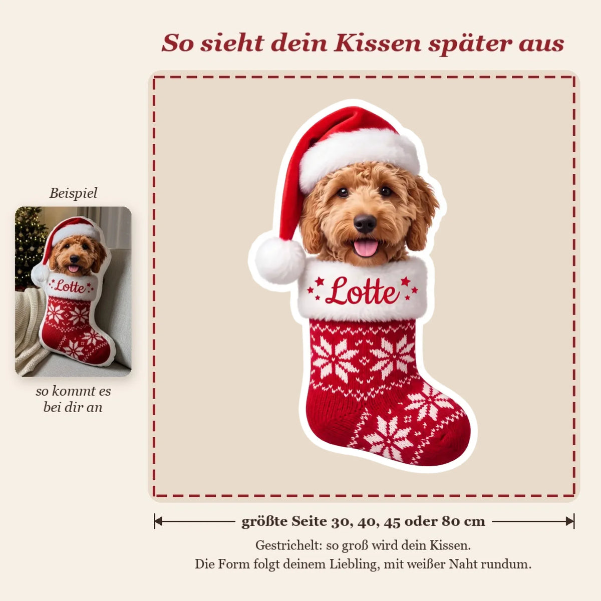 Live-Vorschau: so sieht dein Formkissen Weihnachtsstiefel mit Foto und Name später aus, gestrichelter Rahmen zeigt die Kissengröße