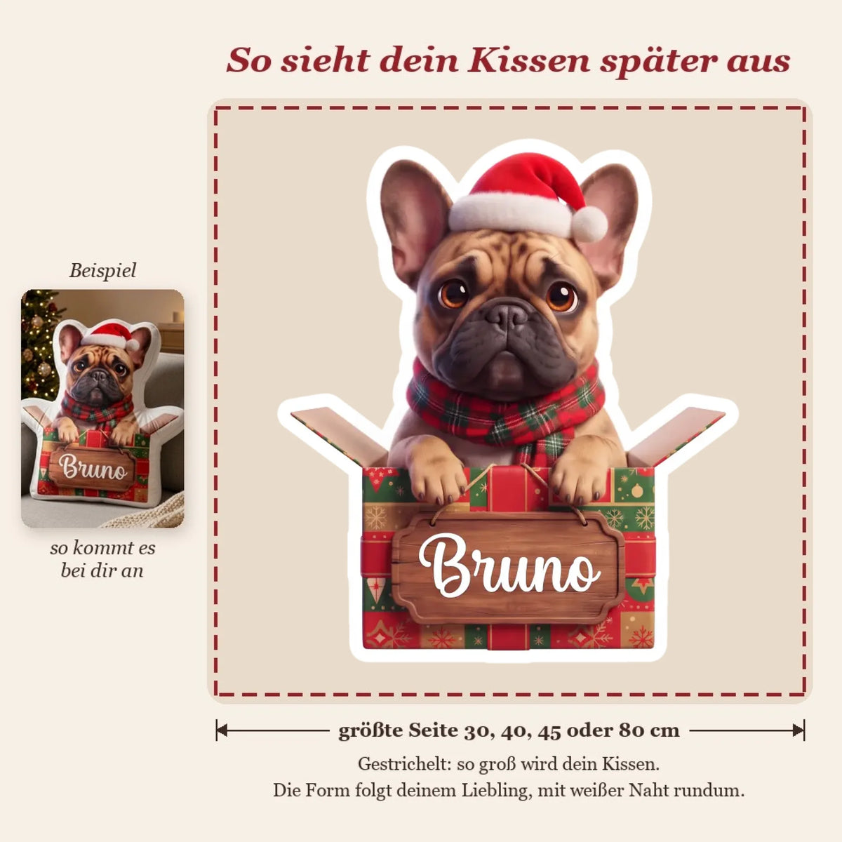 Live-Vorschau: so sieht dein Formkissen Geschenk mit Foto und Name später aus, gestrichelter Rahmen zeigt die Kissengröße