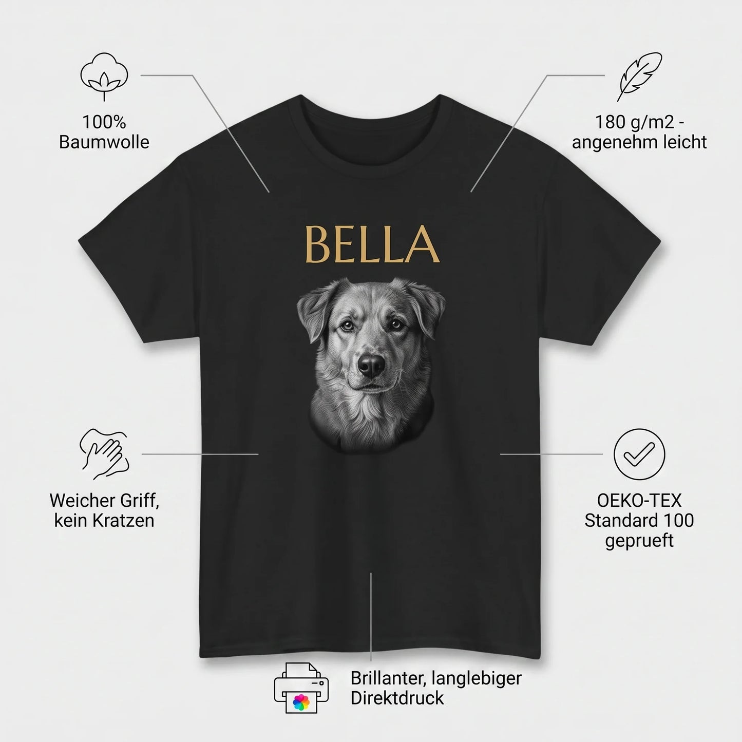 T-shirt personnalisé, caractéristiques : 100 % coton, OEKO-TEX, toucher doux