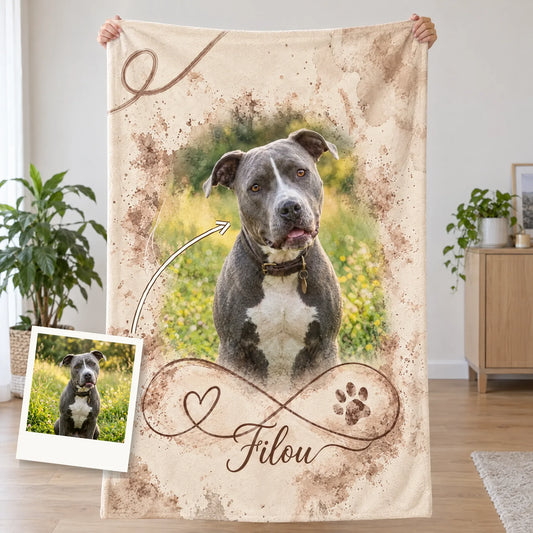Personalisierte Decke mit Hundefoto und Namen, flach gehalten, mit Polaroid des Originalfotos