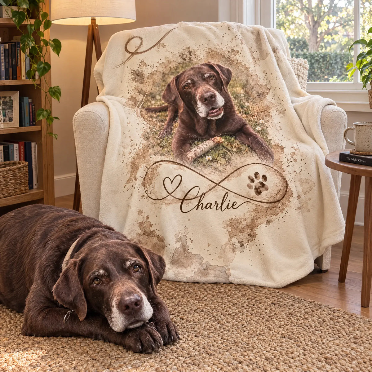Decke mit Labrador-Foto und Namen auf dem Sessel in der Leseecke, Geschenk für Hundebesitzer