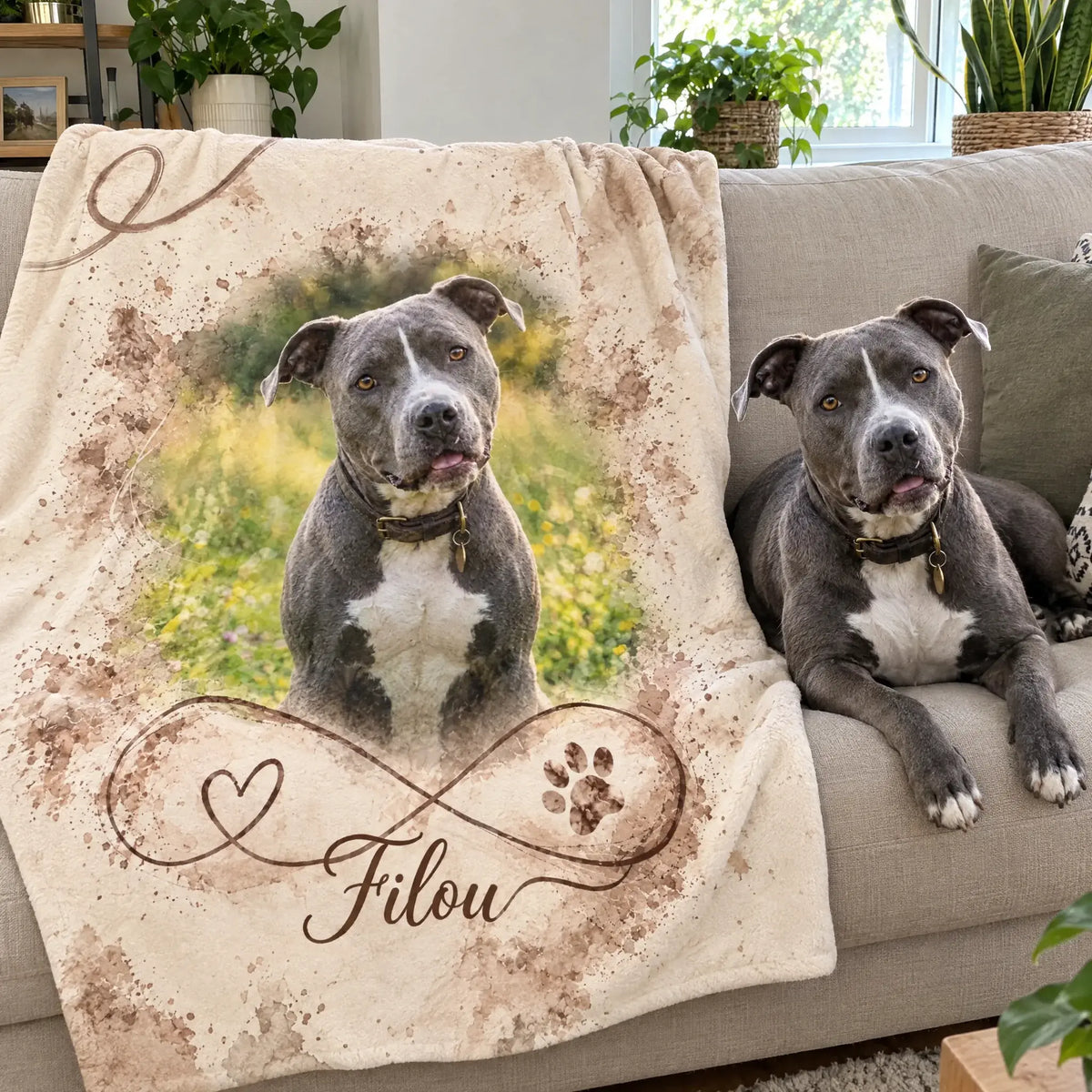 Kuscheldecke mit Foto vom eigenen Hund über dem Sofa, daneben der Hund, Unendlichkeitszeichen mit Namen