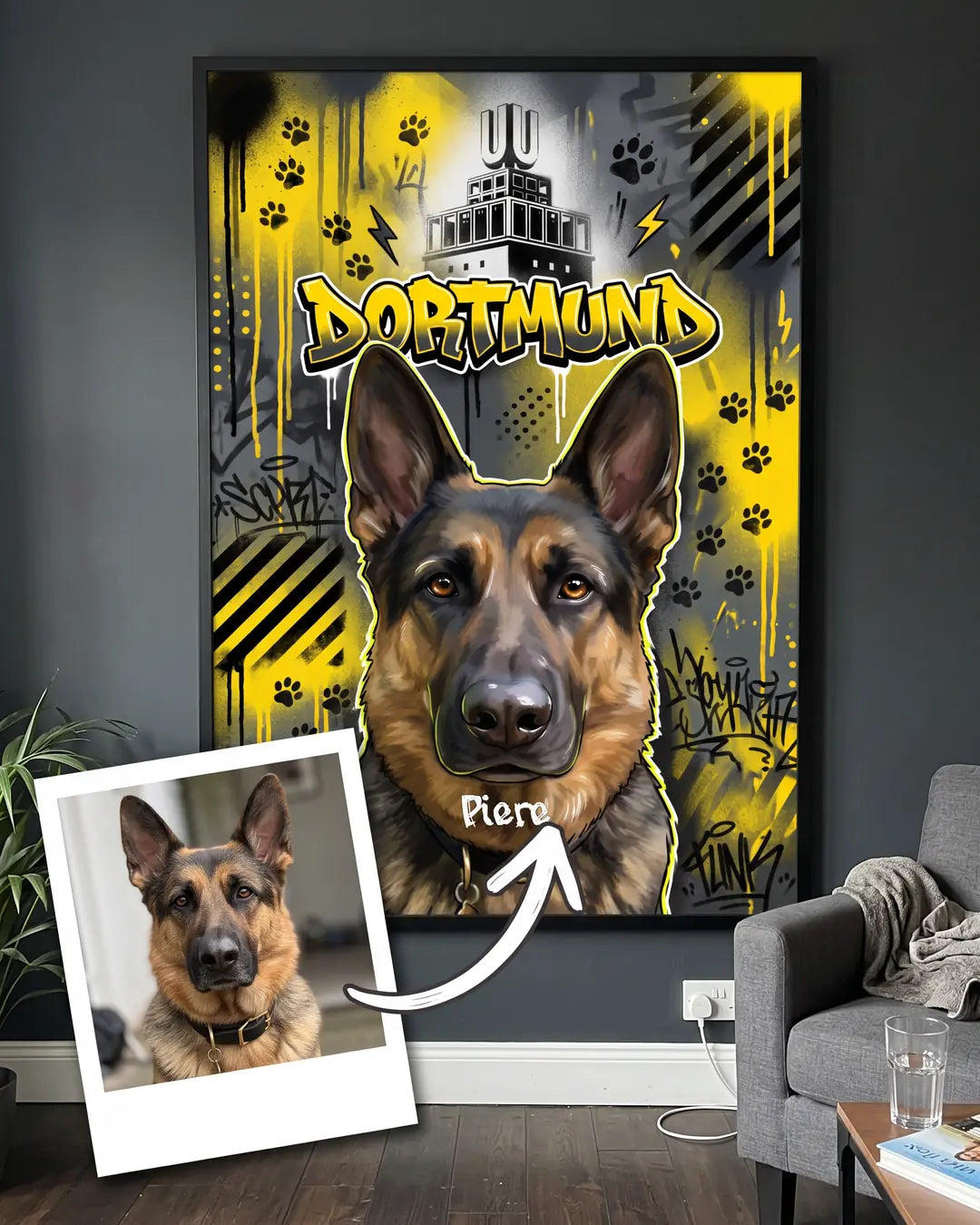 Handyfoto vom Hund neben dem gerahmten Poster in den Farben seiner Stadt