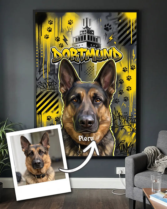 Handyfoto vom Hund neben dem gerahmten Poster in den Farben seiner Stadt