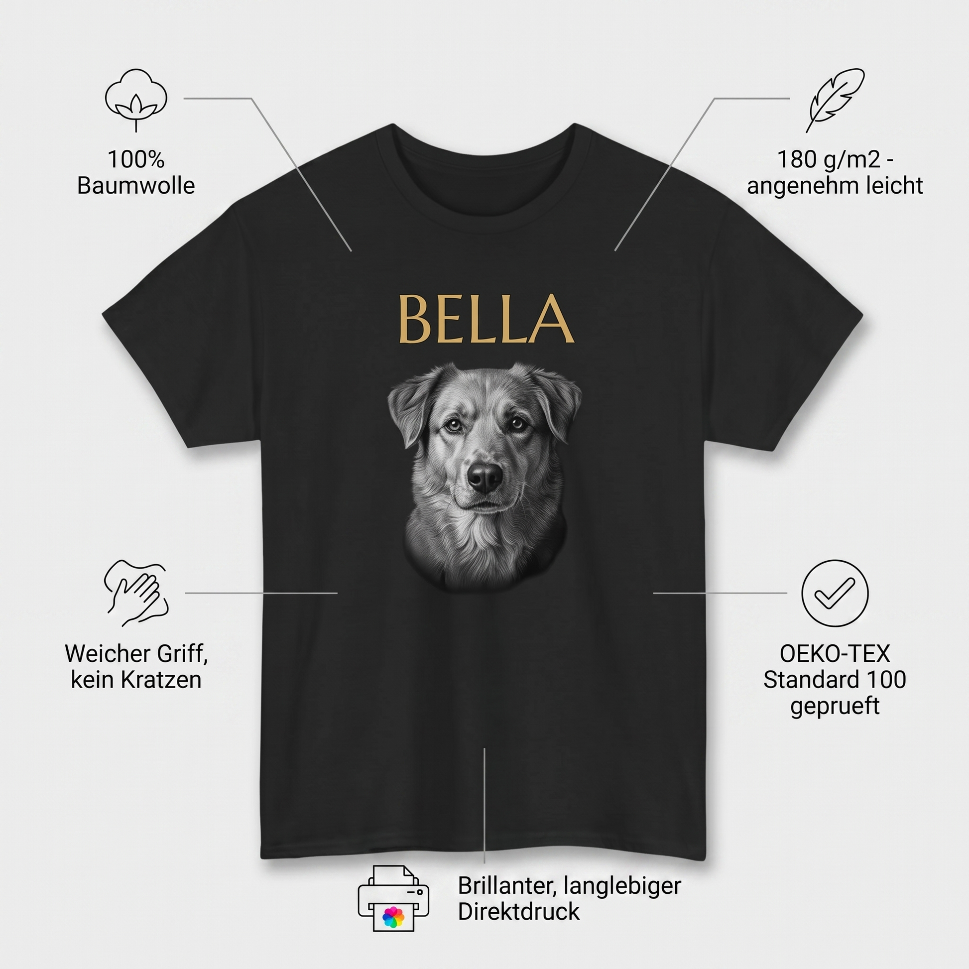 Personalisiertes T-Shirt Seelenblick – Materialeigenschaften: 100% Baumwolle, OEKO-TEX, weicher Griff