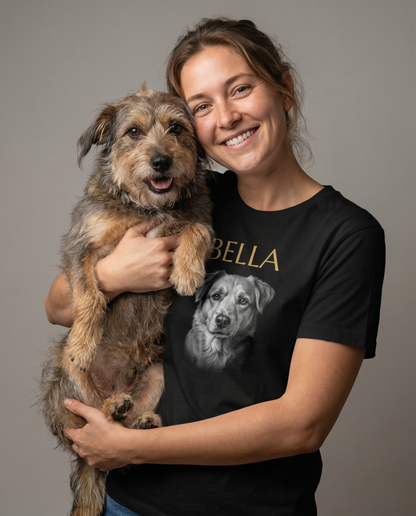 Frau mit Hund trägt personalisiertes T-Shirt Seelenblick mit Haustierporträt – Lifestyle