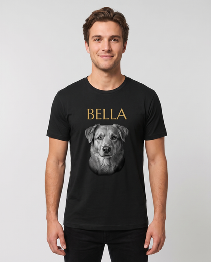 Mann trägt personalisiertes T-Shirt Seelenblick mit Haustierporträt-Frontdruck