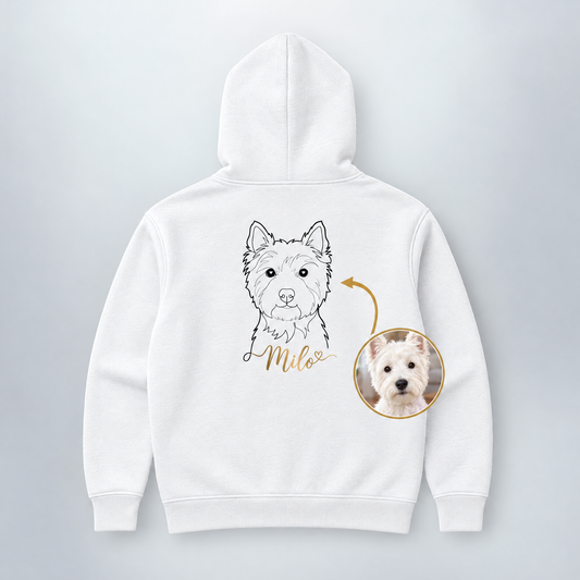 Personalisierter Hoodie Hund in Weiß mit Line-Art Zeichnung und Name Milo aus deinem Foto