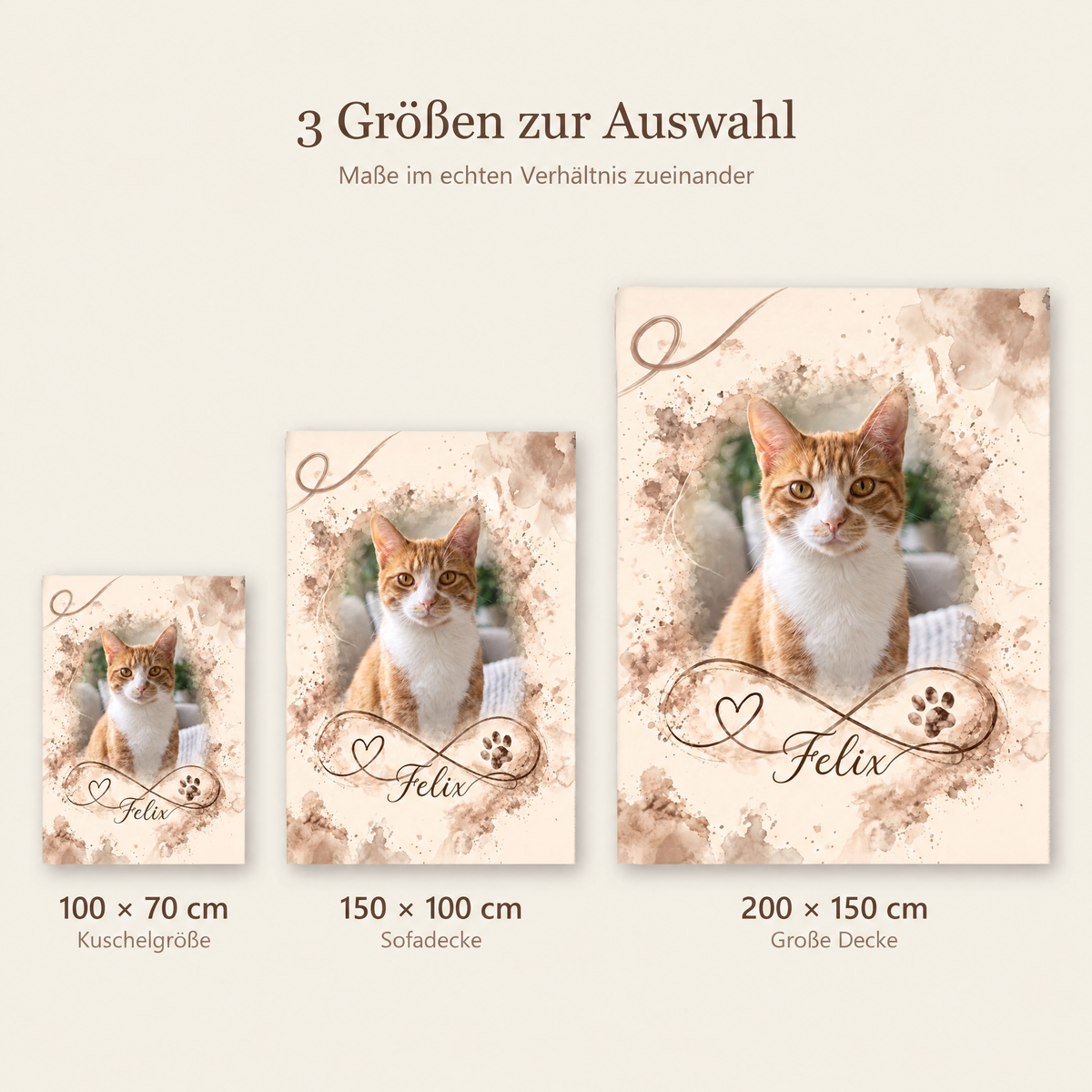 Personalisierte Decke mit Katzenfoto in 100 x 70, 150 x 100 und 200 x 150 cm im Vergleich