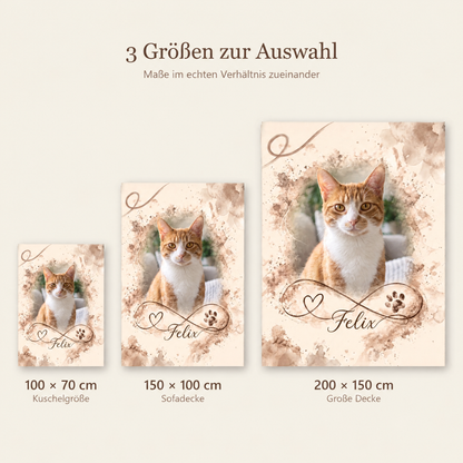 Personalisierte Decke mit Katzenfoto in 100 x 70, 150 x 100 und 200 x 150 cm im Vergleich