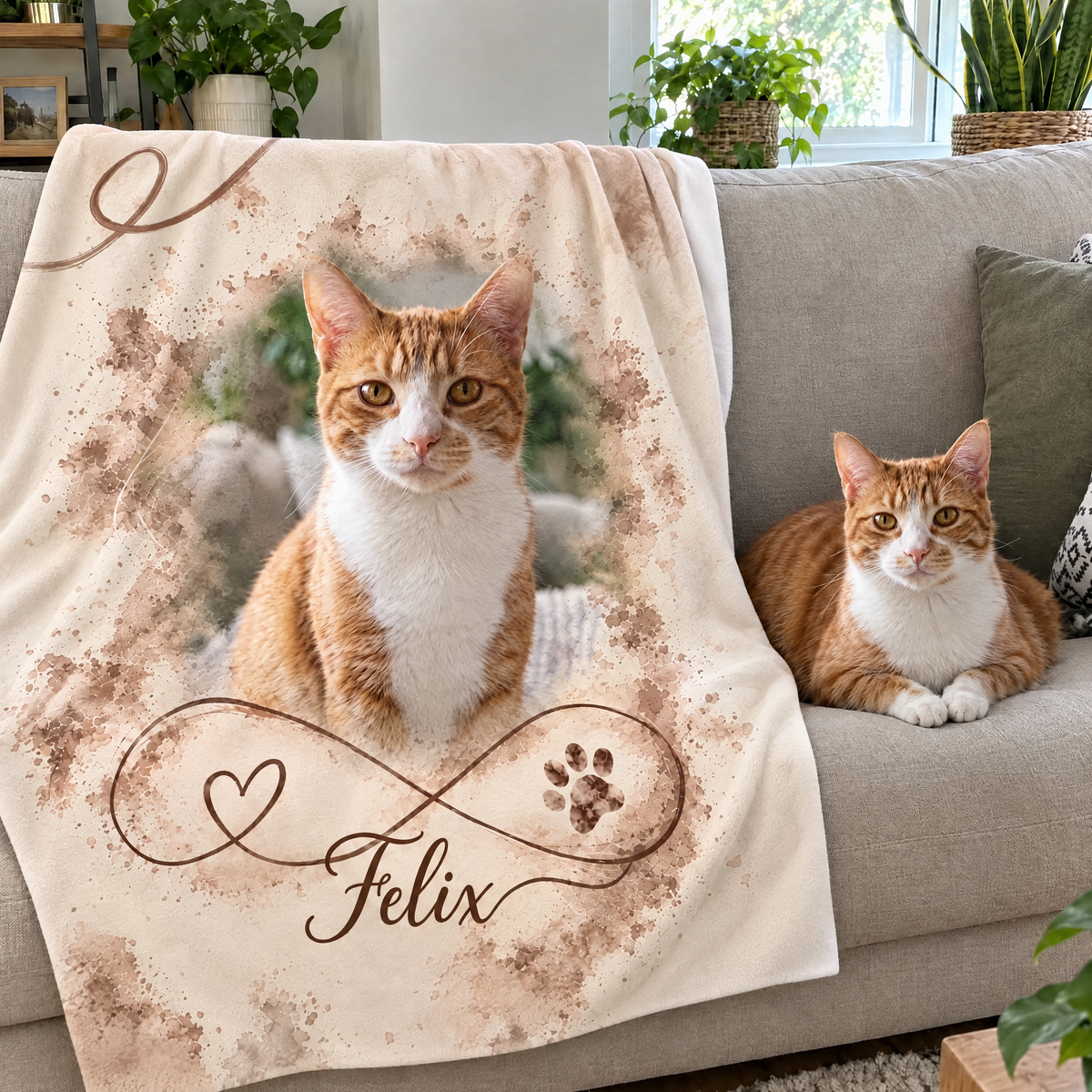 Kuscheldecke mit Foto der eigenen Katze über dem Sofa, daneben die Katze